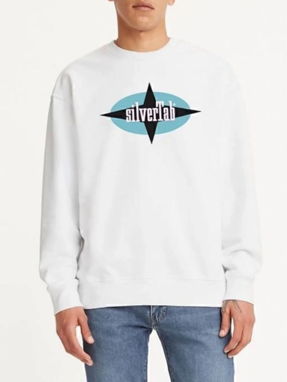 Levi’s Men L White Fleece Silver Tab Logo Relaxed Graphic Crewneck Sweatshirt